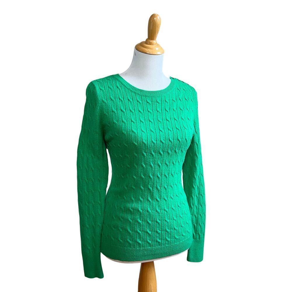 Talbots Women’s Lambs Wool Green Preppy Cable Knit Classic Cozy Sweater Large